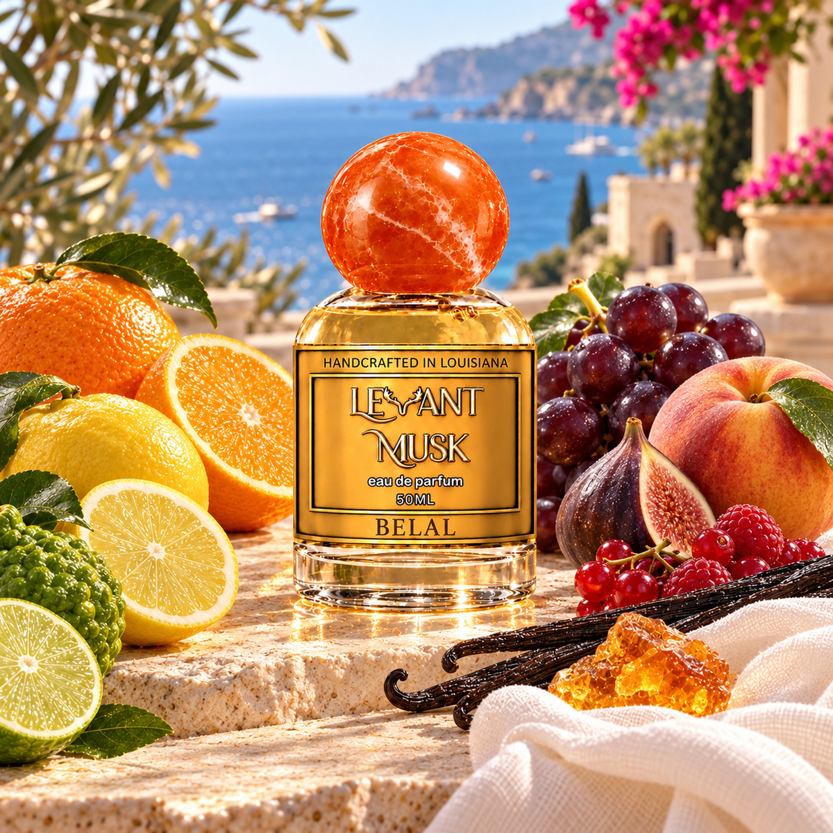BELAL 50 mL eau de parfum with citrus, Mediterranean fruits, vanilla and amber in a sunlit coastal setting.