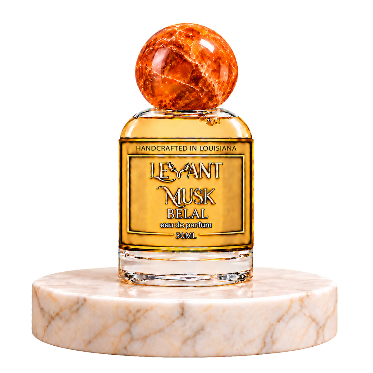 BELAL by Levant Musk, 50 mL eau de parfum bottle on a marble pedestal with a transparent background.