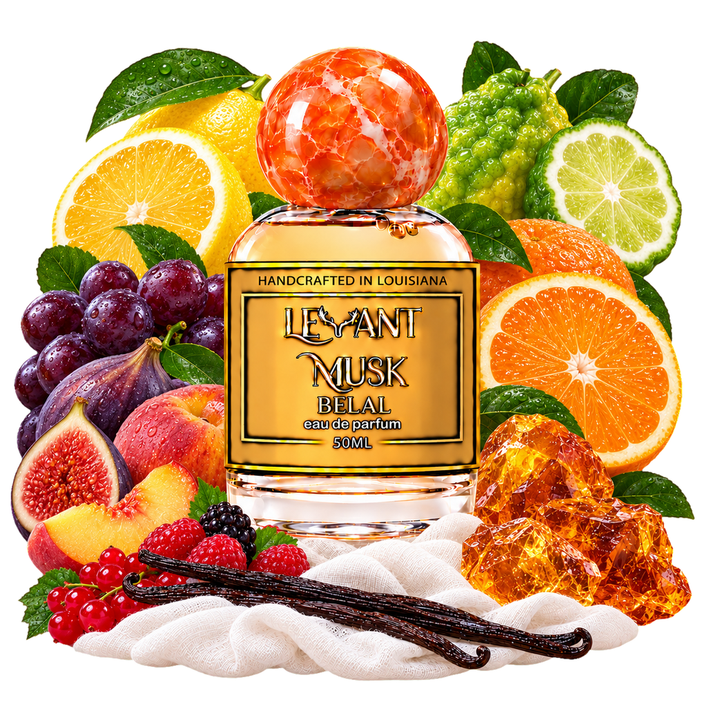 BELAL 50 mL eau de parfum with citrus, Mediterranean fruits, vanilla and amber, on a transparent background.