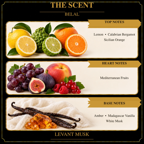 BELAL scent notes: lemon, Calabrian bergamot and Sicilian orange; Mediterranean fruits; amber, Madagascar vanilla and white musk.