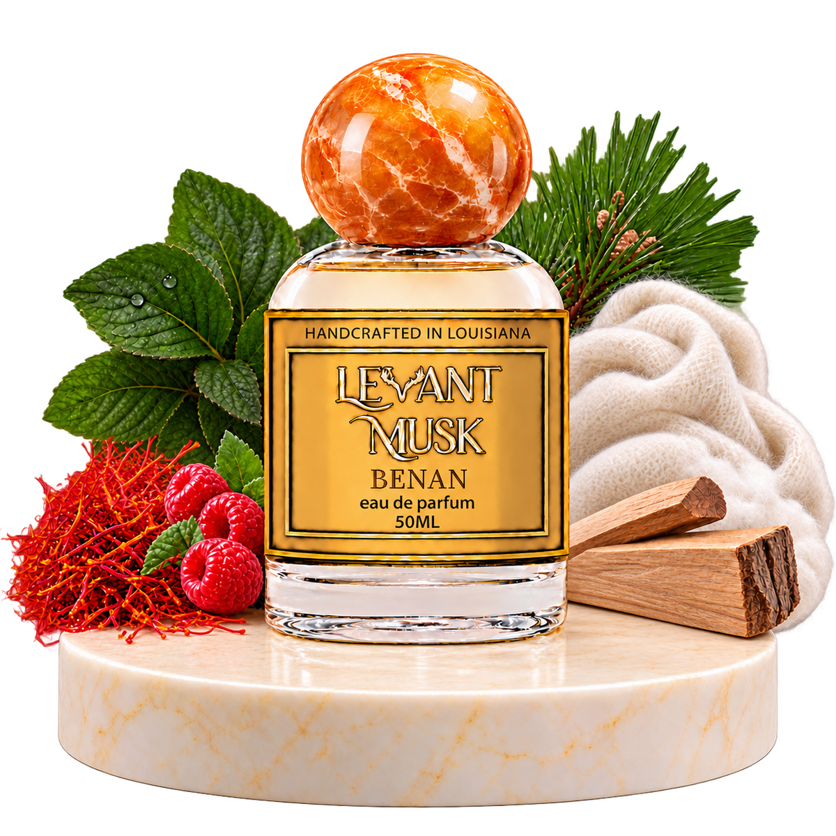 BENAN by Levant Musk perfume bottle with ingredient props on a transparent background.