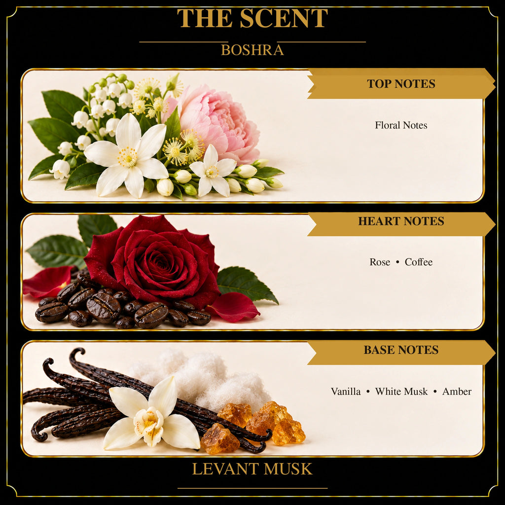 BOSHRA fragrance notes: floral notes; rose and coffee; amber, vanilla and white musk.