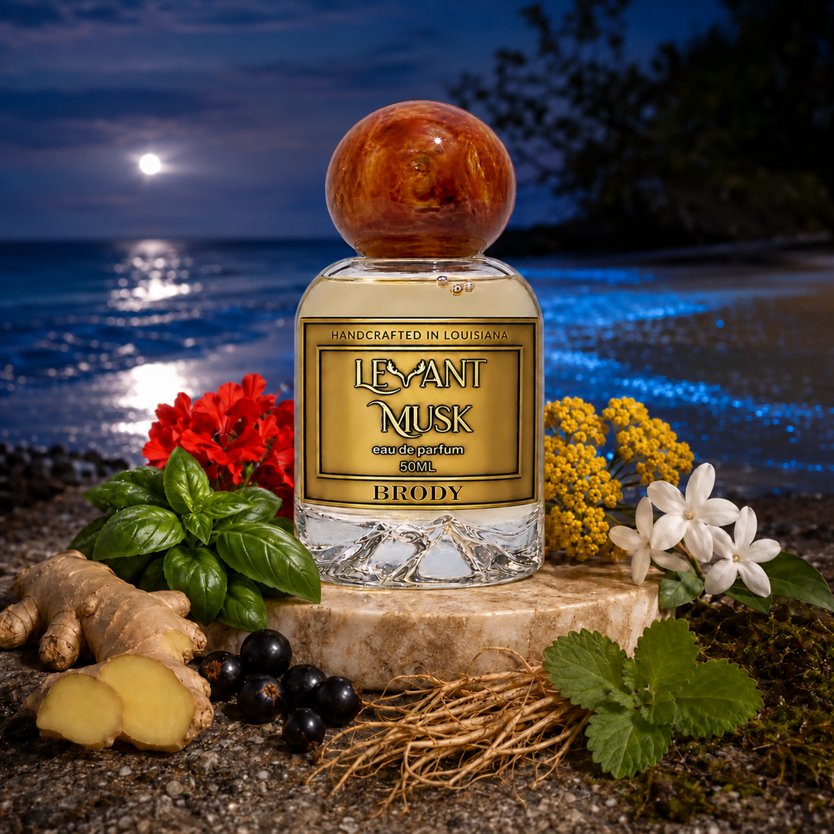 BRODY perfume with orange-gold spherical cap, basil, ginger, cassis and flowers beside a moonlit blue shoreline.