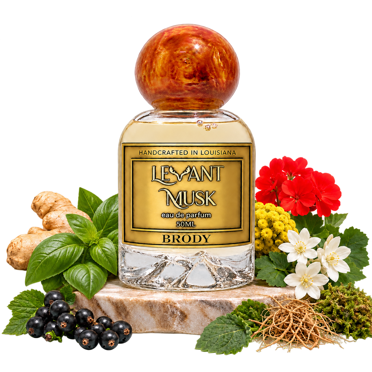 BRODY perfume bottle on marble with basil, ginger, cassis, flowers, vetiver and moss, on a transparent background.