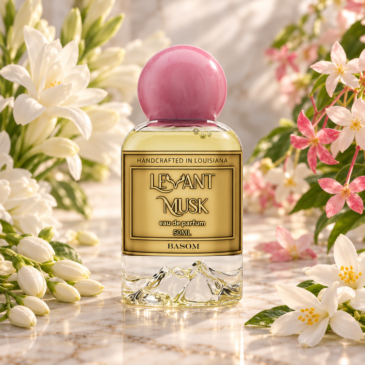 A bottle of Basom Levant Musk cologne with a pink spherical cap and a gold label, styled on a marble surface surrounded by white and pink flowers.