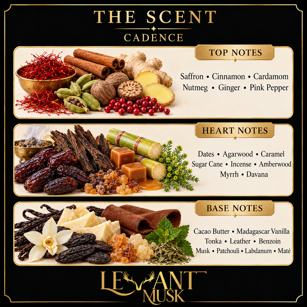 CADENCE scent pyramid: top saffron, cinnamon, cardamom, nutmeg, ginger and pink pepper; heart dates, agarwood, caramel, sugar cane, incense, amberwood, myrrh and davana; base cacao butter, Madagascar vanilla, tonka, leather, benzoin, musk, patchouli, labdanum and maté.
