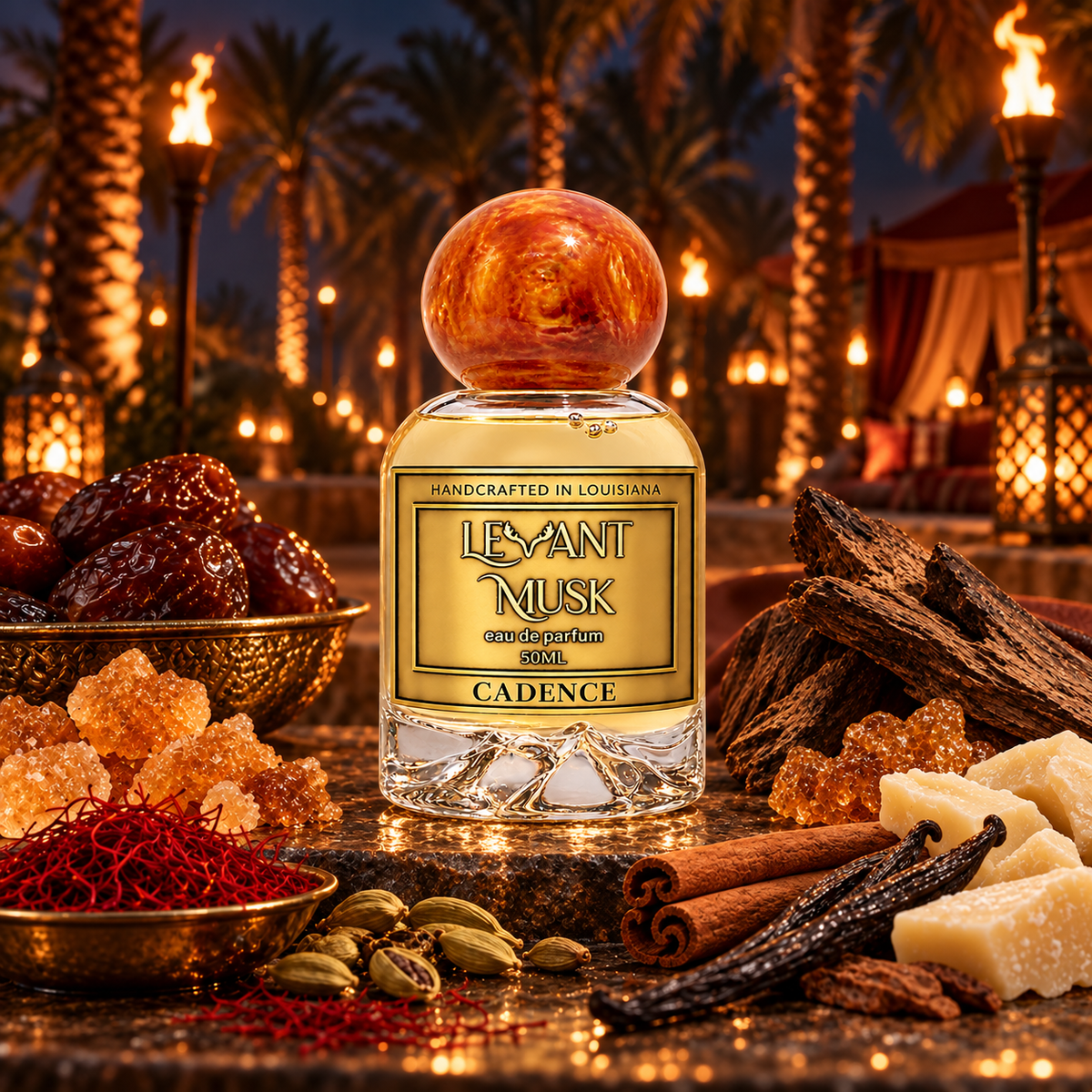 CADENCE eau de parfum on a dark stone surface in a torchlit courtyard with dates, saffron, cardamom, cinnamon, agarwood, vanilla and cacao butter.