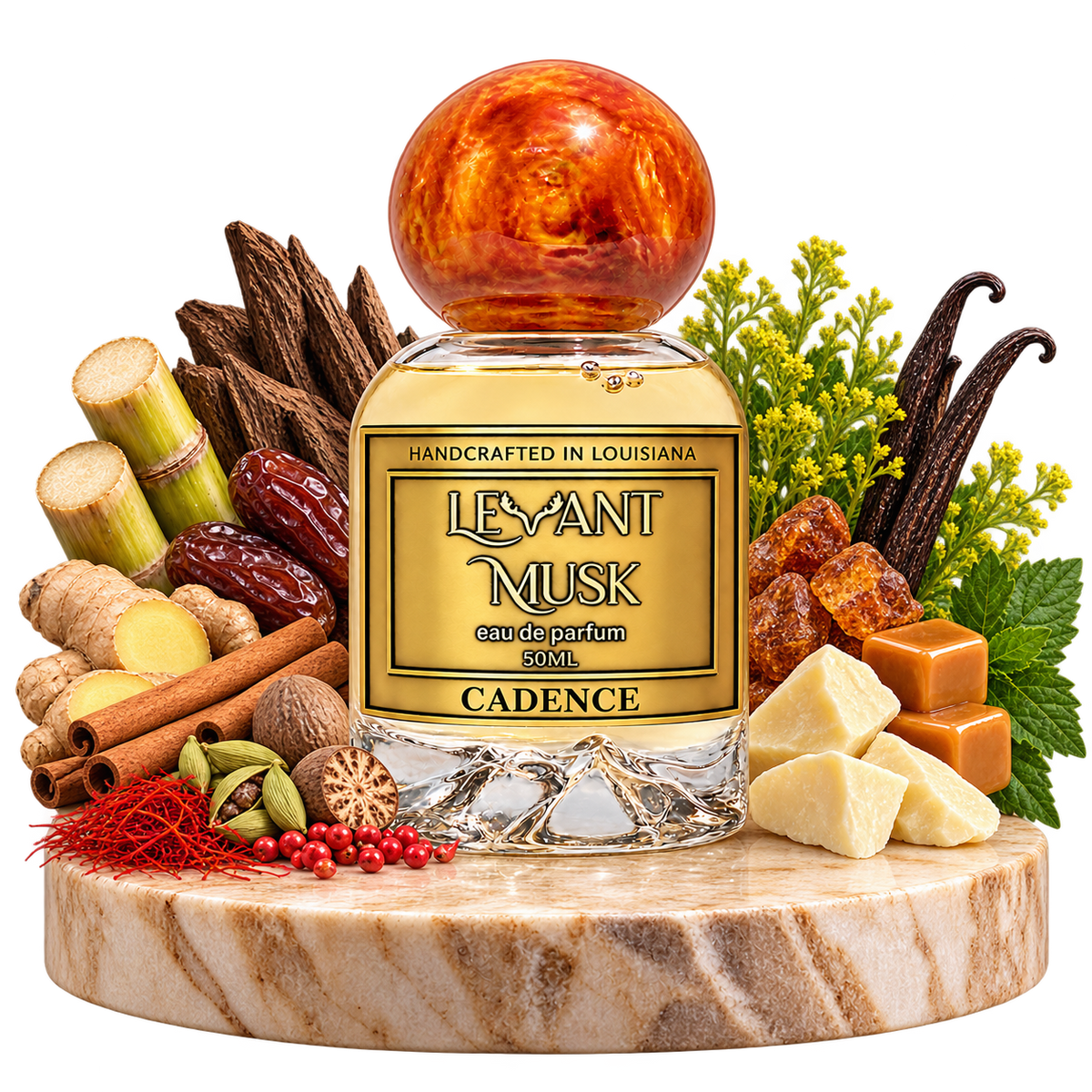 CADENCE bottle with a selection of its spice, date, agarwood, caramel, sugar cane, resin, davana, vanilla, cacao butter and patchouli scent notes; transparent background.