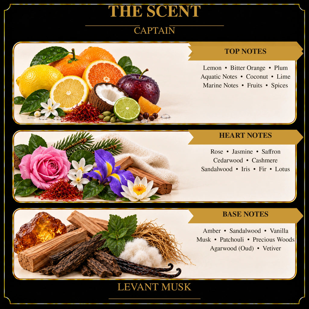 CAPTAIN scent card showing citrus, fruit and aquatic top notes; floral and woody heart notes; amber, vanilla, musk, oud and vetiver base.