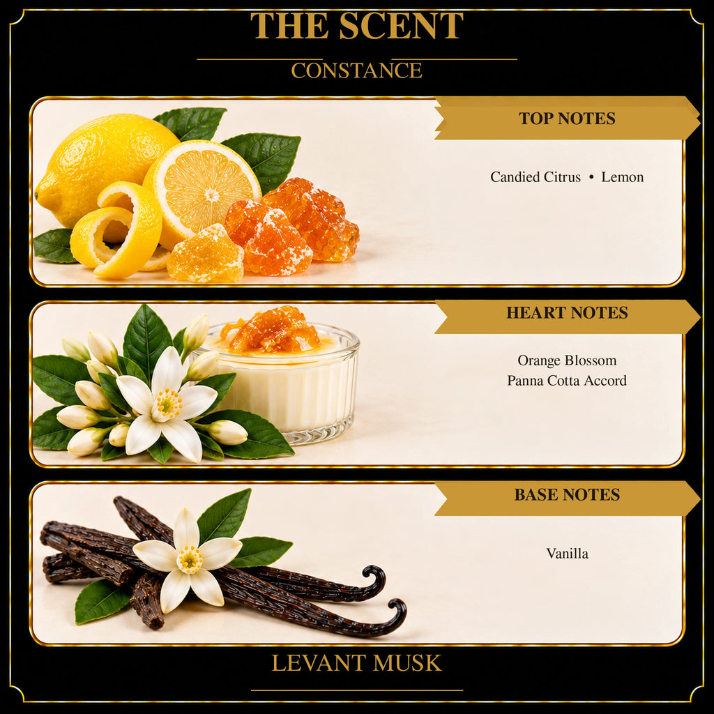 CONSTANCE by Levant Musk scent notes: candied citrus and lemon; orange blossom and panna cotta accord; vanilla.