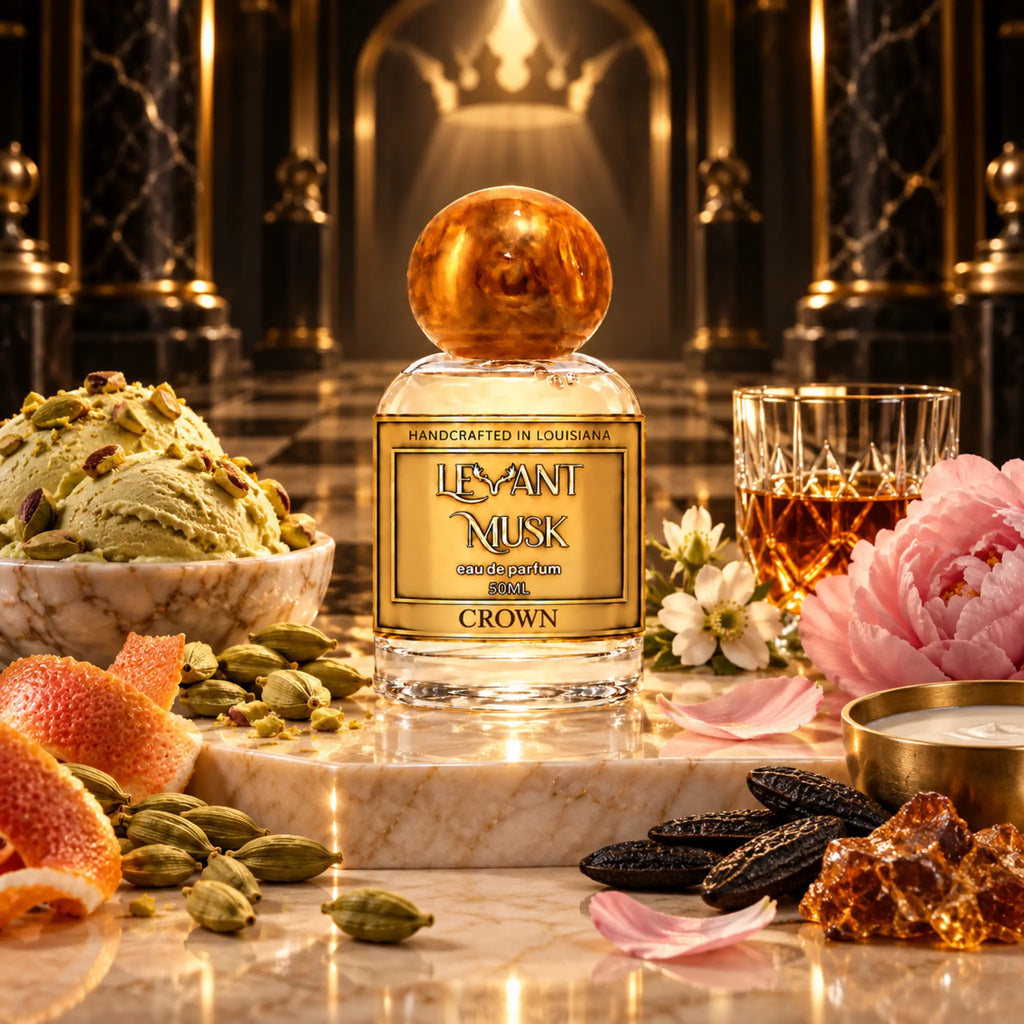 A luxury perfume bottle labeled 'Levant Musk CROWN' sits on a marble pedestal in an ornate interior. The clear glass bottle has a large amber-gold spherical cap and a gold label.