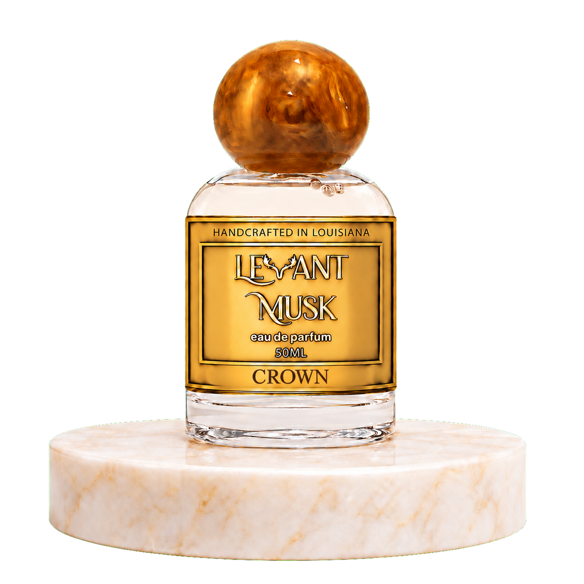 A 50ml bottle of Crown  by Levant Musk Eau de Parfum, featuring a gold label and a round amber cap, displayed on a white marble pedestal against a white background.