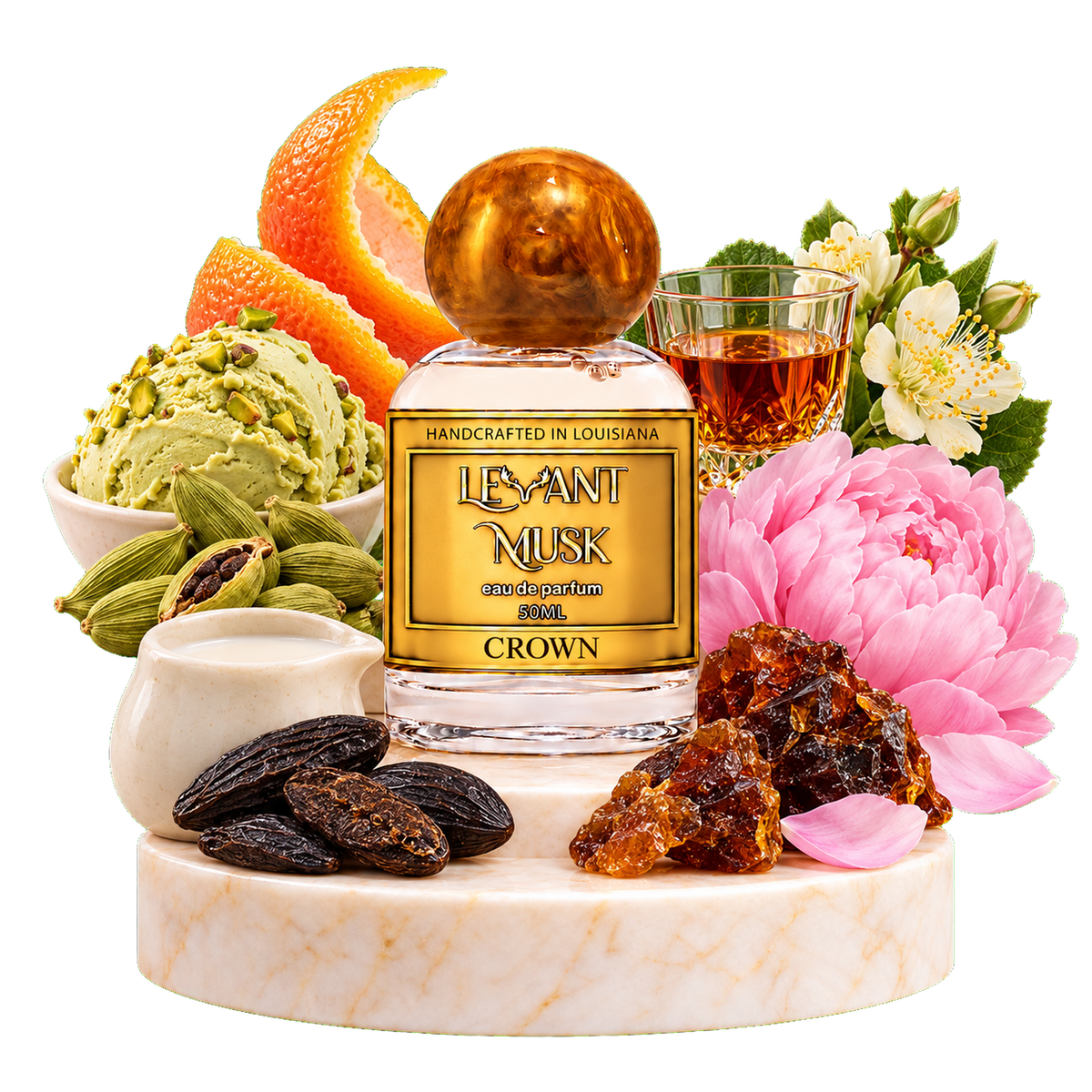 A perfume bottle labeled CROWN by  'Levant Musk' with a gold label and amber liquid, styled on a marble pedestal with green pistachio ice cream, cardamom pods, orange slices, amber resin, and pink flowers on a white background.