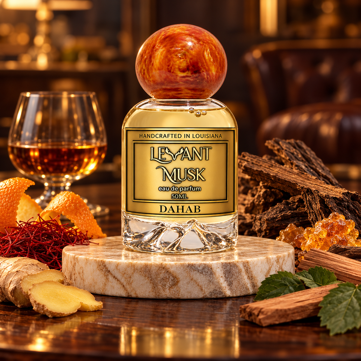 DAHAB by Levant Musk in a cinematic setting with fragrance-note accents