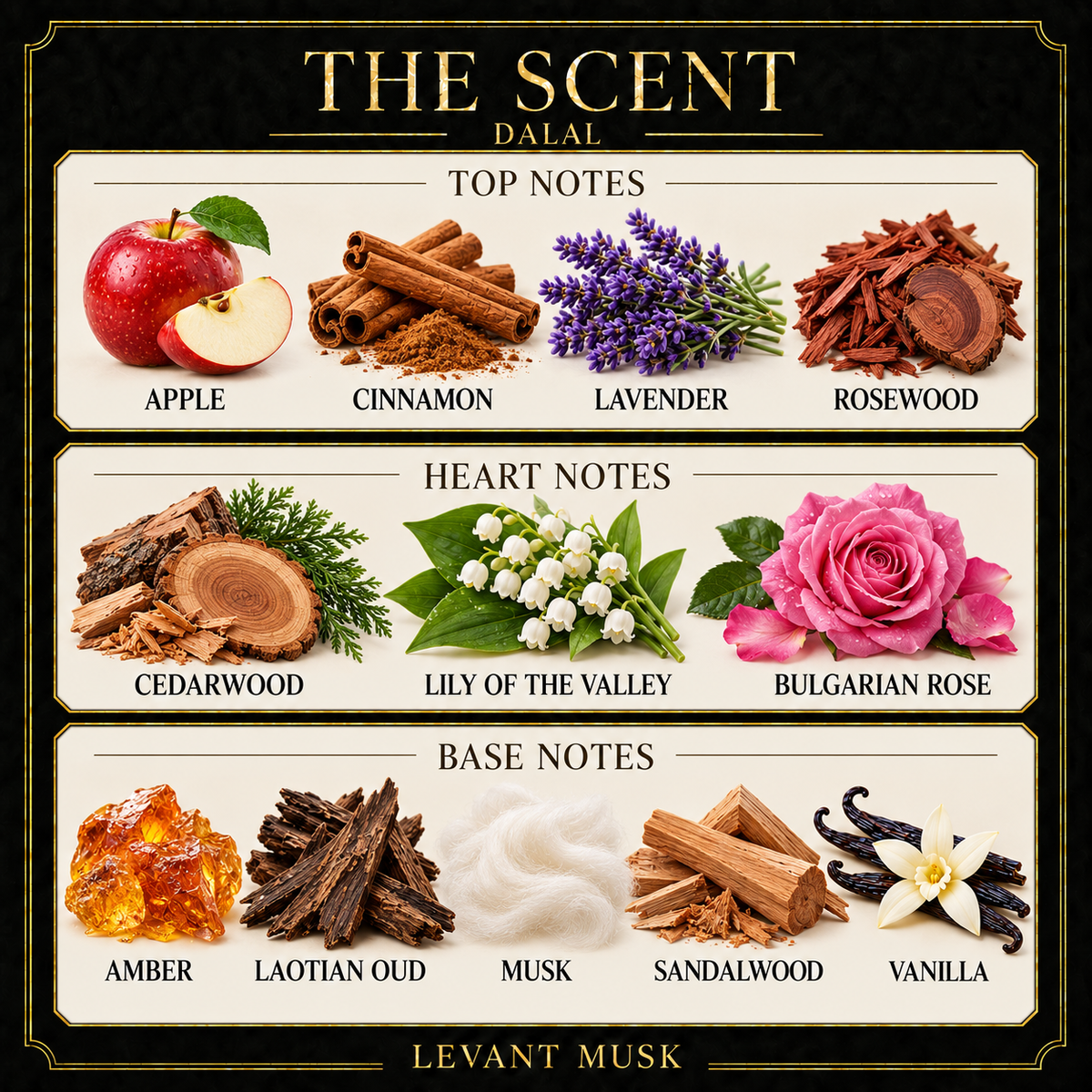 DALAL by Levant Musk black gold cream note card