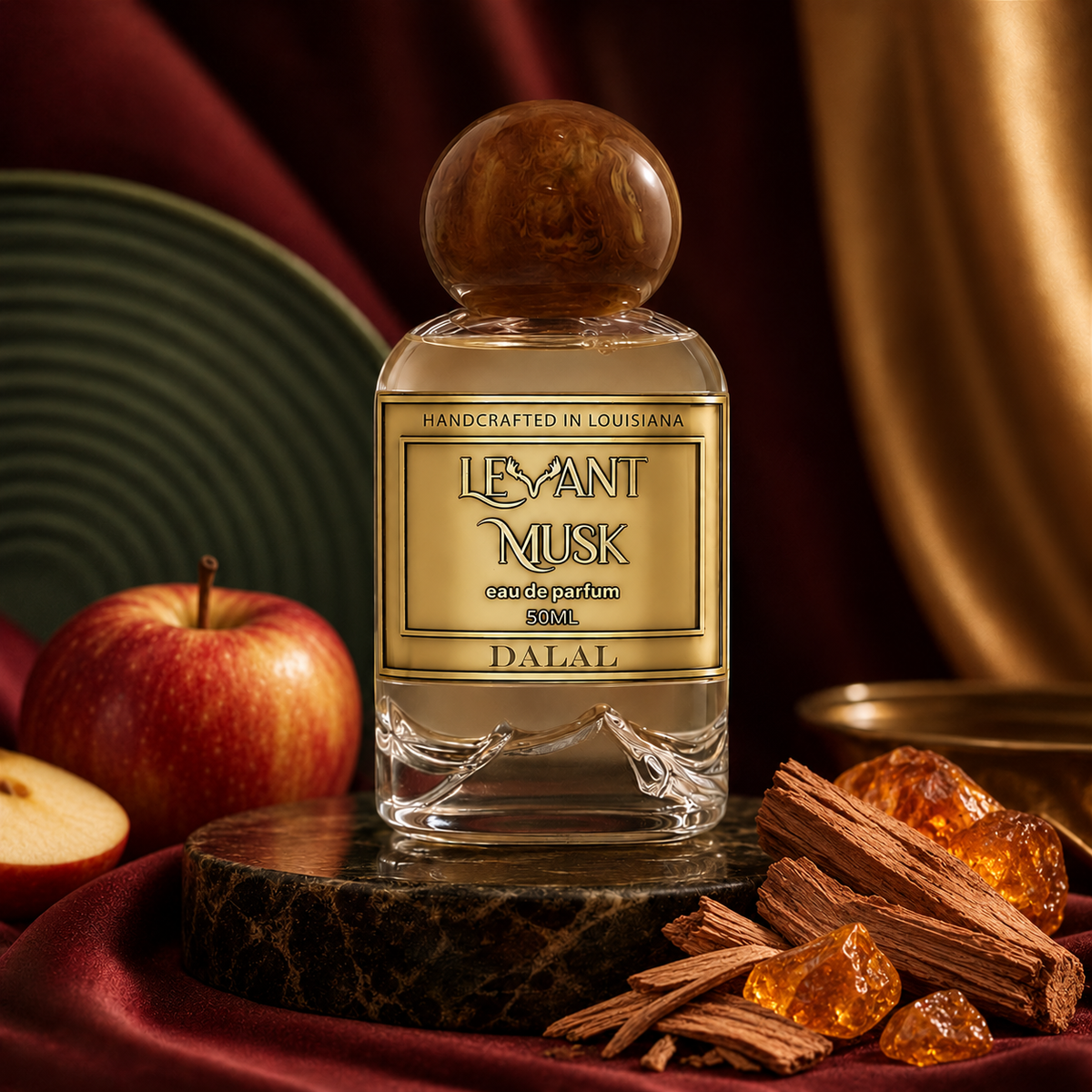 Levant Musk Dalal perfume bottle styled with notes of apple, cedarwood, and amber.
