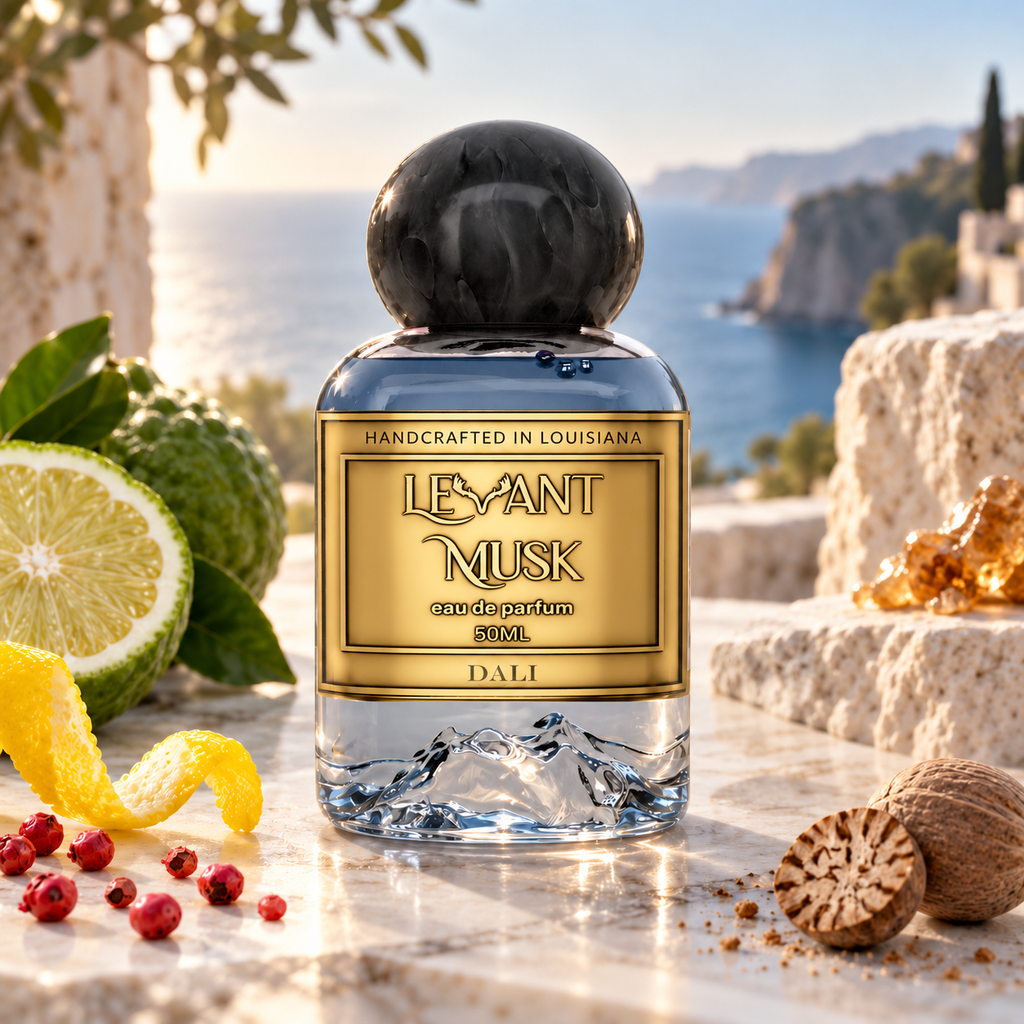 DALI by Levant Musk atmospheric perfume bottle photograph with citron, bergamot, pink pepper, nutmeg and Peru balsam props.
