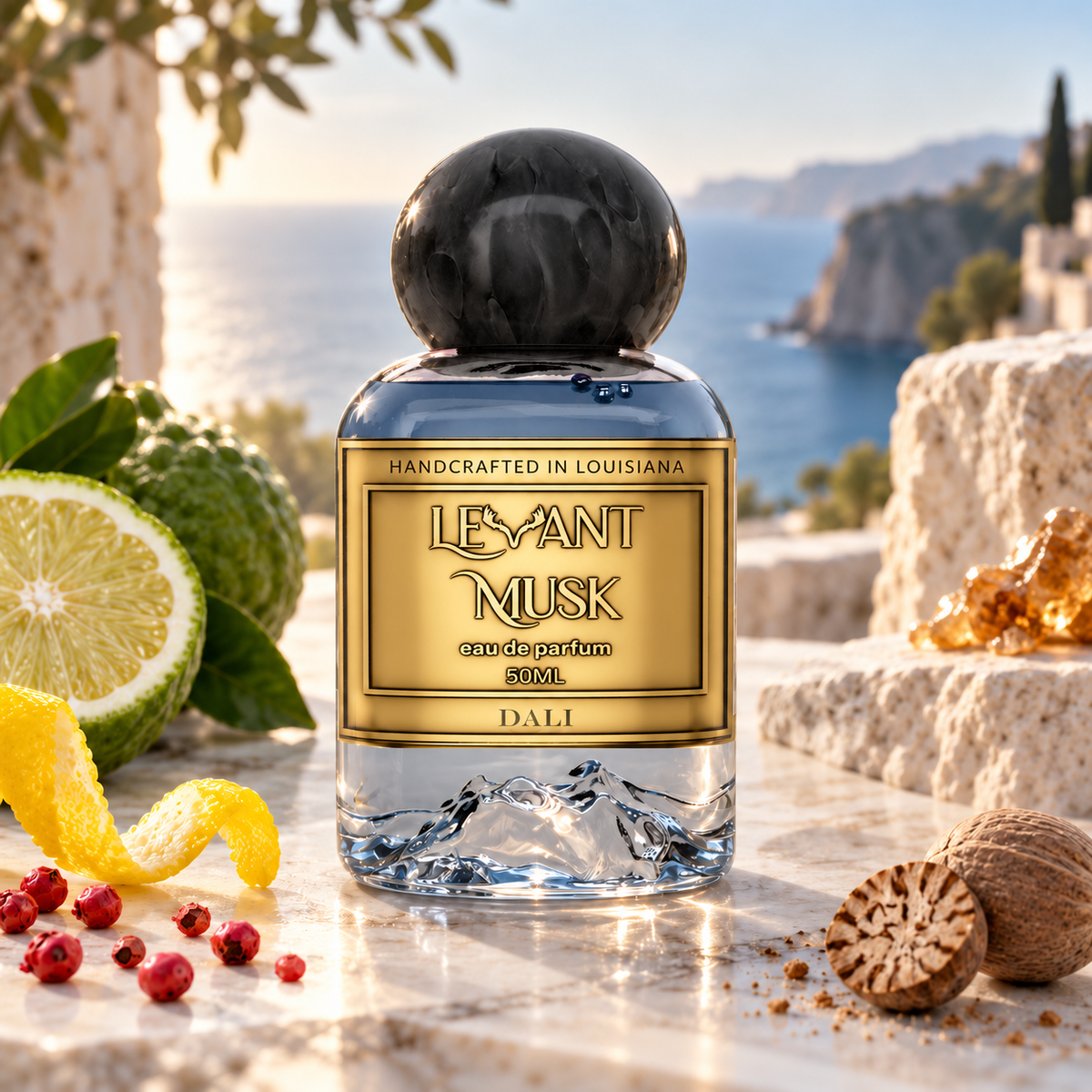 DALI by Levant Musk atmospheric perfume bottle photograph with citron, bergamot, pink pepper, nutmeg and Peru balsam props.