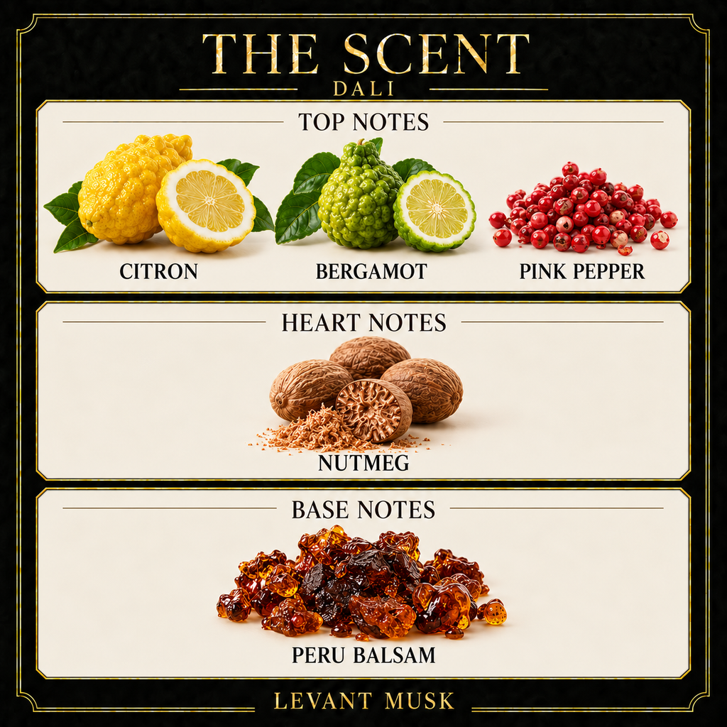 DALI by Levant Musk note card. Top: Citron; bergamot; pink pepper. Heart: Nutmeg. Base: Peru balsam.
