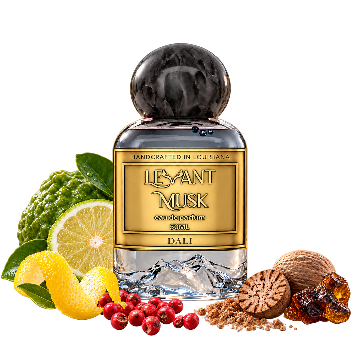 DALI by Levant Musk perfume bottle on a transparent background with citron, bergamot, pink pepper, nutmeg and Peru balsam props.