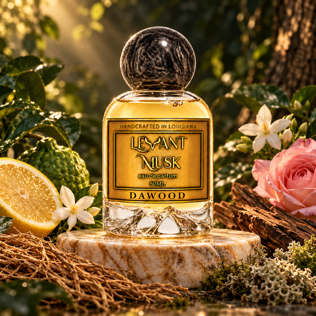 DAWOOD by Levant Musk, black-cap 50 mL bottle with citrus, florals, vetiver and woods in an atmospheric setting