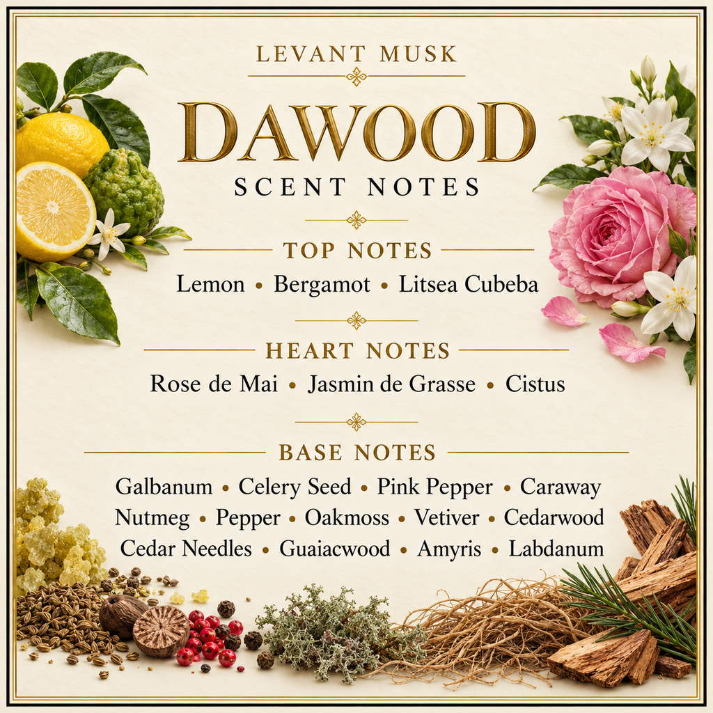 DAWOOD scent notes: lemon, bergamot and litsea cubeba; rose de Mai, Jasmin de Grasse and cistus; full green, spicy and woody base