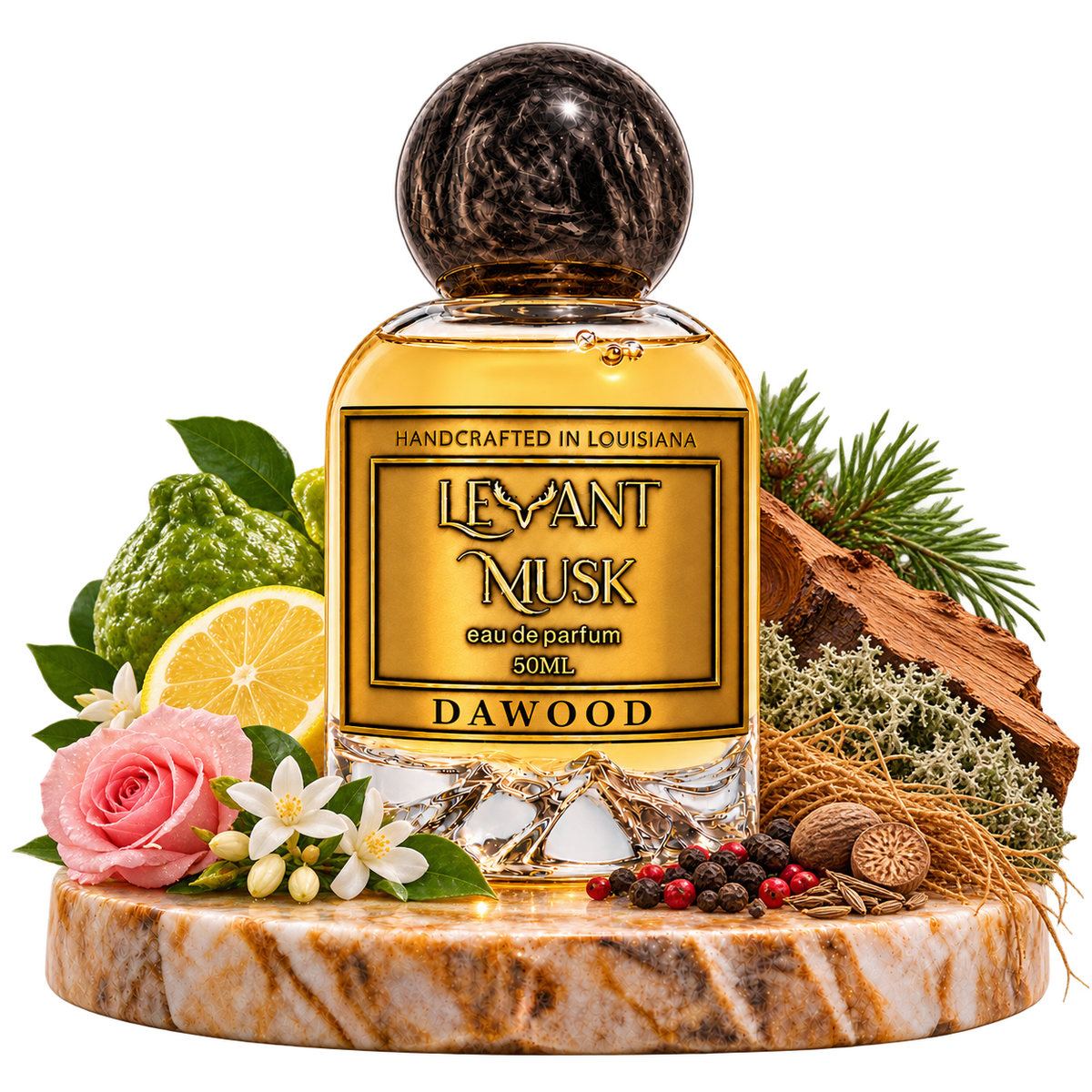 DAWOOD black-cap bottle on marble with citrus, rose, jasmine, vetiver, cedar, moss and spice notes, transparent background