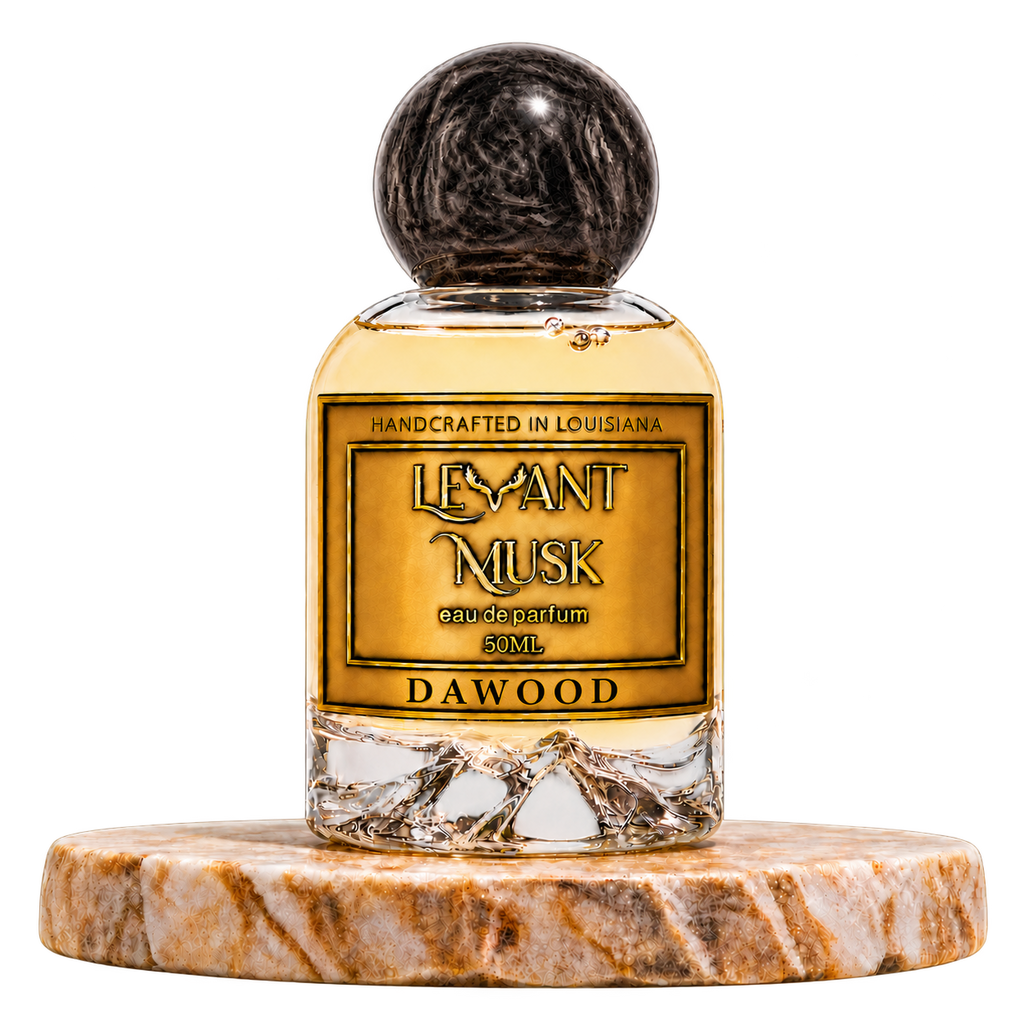 DAWOOD 50 mL Eau de Parfum black-cap bottle on marble, transparent background