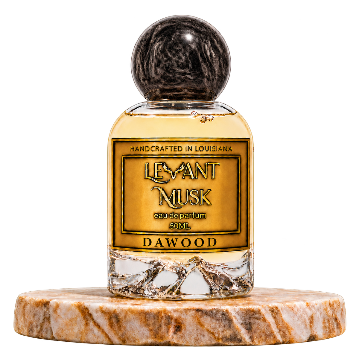 DAWOOD 50 mL Eau de Parfum black-cap bottle on marble, transparent background