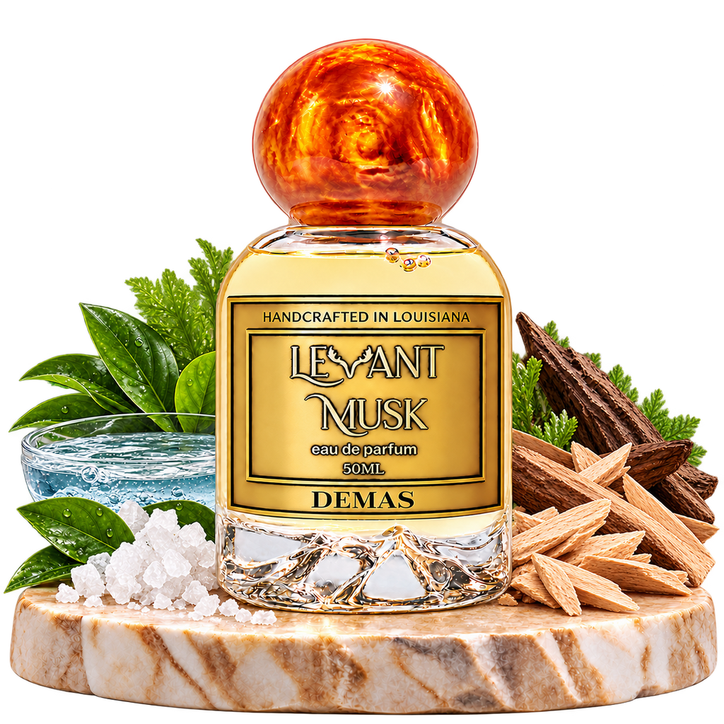 DEMAS by Levant Musk bottle with its approved fragrance notes on transparent background