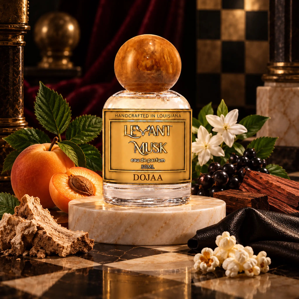A clear glass perfume bottle with a round amber cap and a gold label reading 'Lesvant Musk' eau de parfum 'DOJAA' is displayed on a marble pedestal. The bottle is surrounded by apricots, white flowers, dark grapes, cinnamon, and popcorn against a dark, luxurious background.