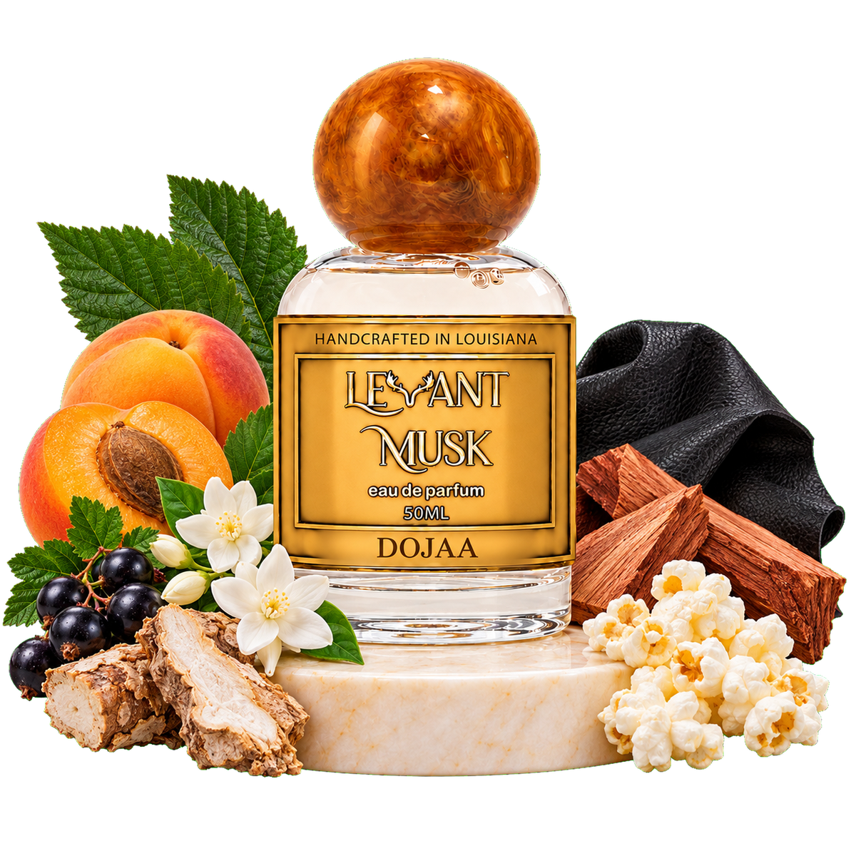 A bottle of DOJAA Levant Musk one 50 ml perfume, styled with its scent ingredients including apricots, peaches, white flowers, cinnamon, blackcurrants, popcorn, and a black leather square on a white marble base.