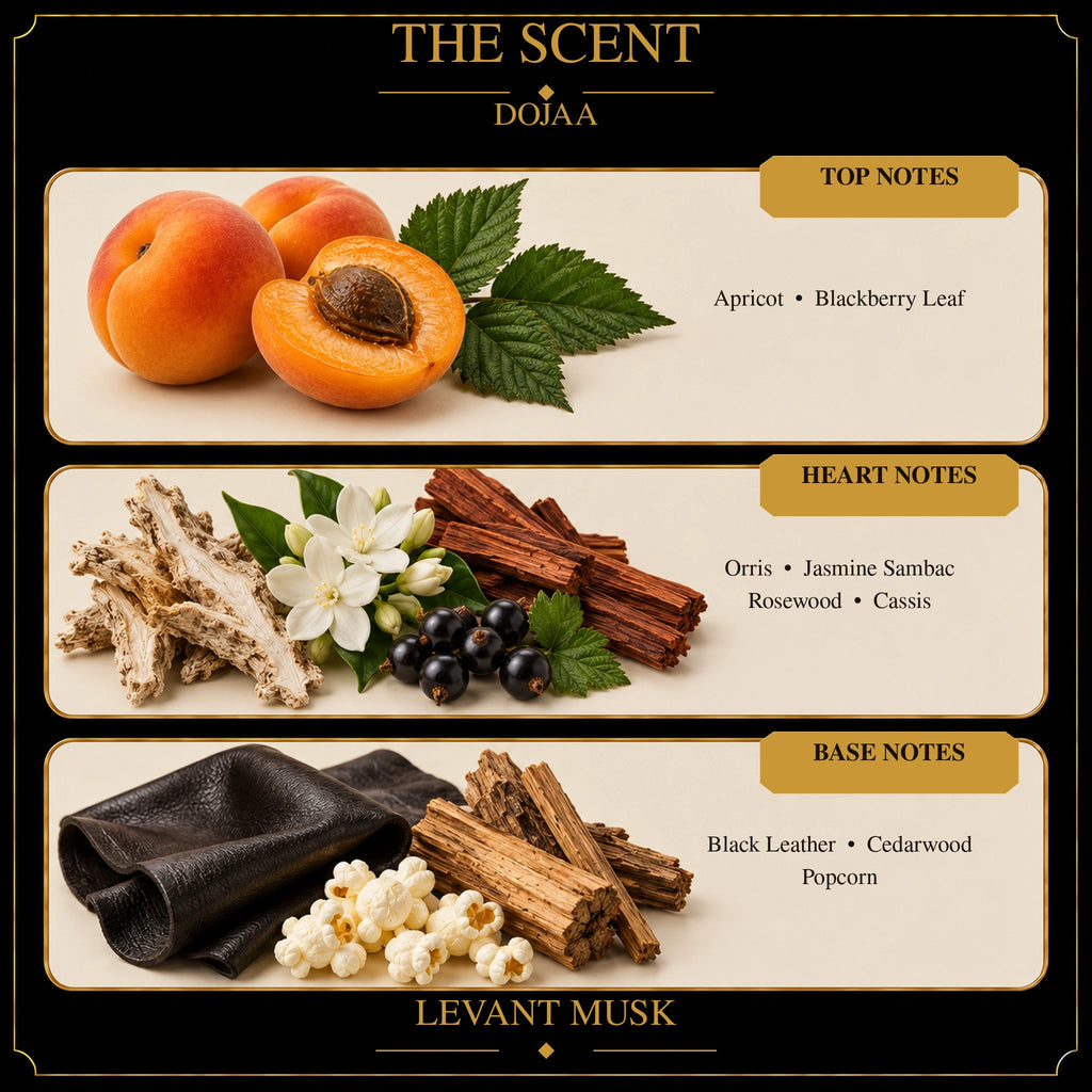A fragrance notes graphic for DOJAA by Levant Musk  showing three horizontal panels: Top Notes with apricots and blackberry leaf, Heart Notes with roots, white flowers, berries, and cinnamon sticks, and Base Notes with black leather, wood, and popcorn, labeled as Levant Musk.