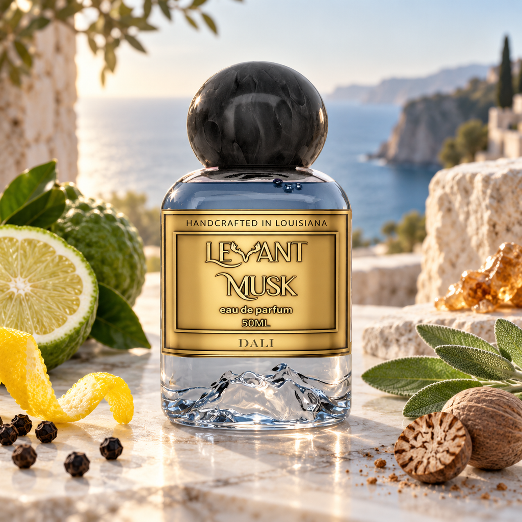 A perfume bottle labeled Dali by Levant Musk Eau De Parfum set on a stone ledge with a coastal Mediterranean background. The bottle is clear glass with a black marble cap and a gold label, surrounded by fresh ingredients including a lime, lemon peel, cinnamon, and sea salt.