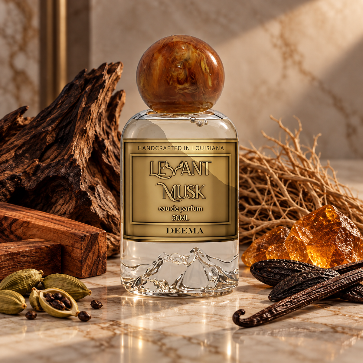 A clear glass perfume bottle with a round amber-brown cap and a gold label reading 'LEVANT MUSK' and 'DEEMA,' styled on a marble surface with wood, dried grass, amber, and vanilla beans.