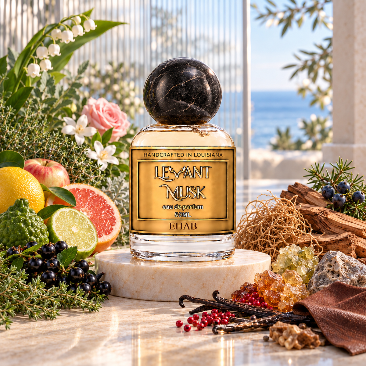 EHAB eau de parfum by Levant Musk on a pale stone pedestal, with citrus, flowers, green herbs, woods and fragrance-note ingredients.