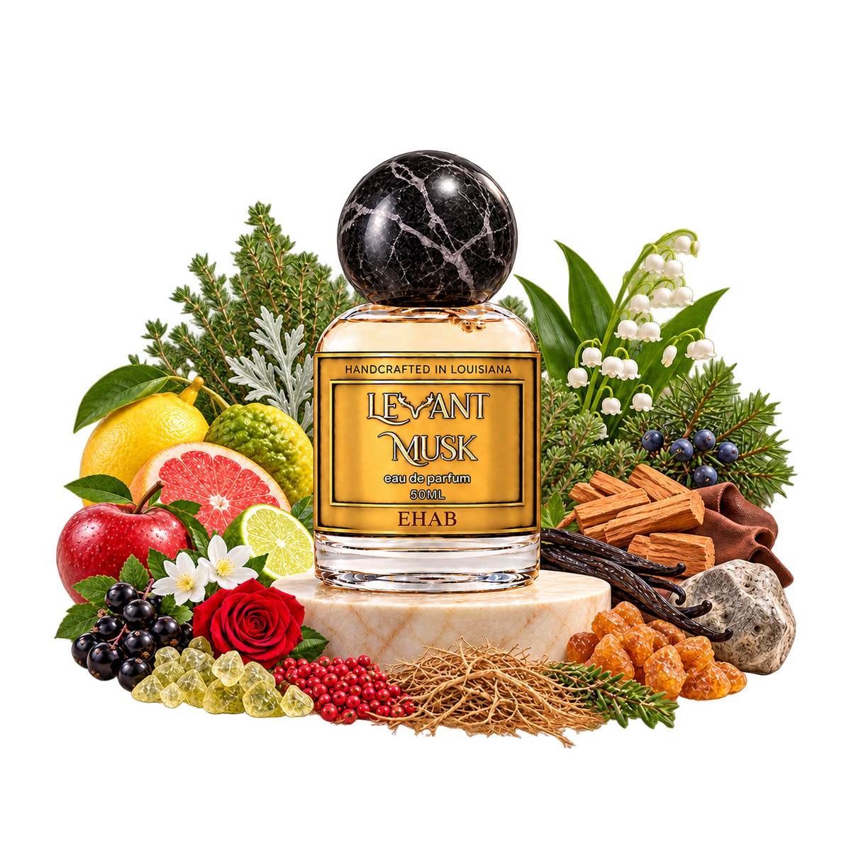Transparent cutout of the EHAB eau de parfum bottle and pale stone pedestal, surrounded by citrus, flowers, herbs, woods, resins and other fragrance-note ingredients.