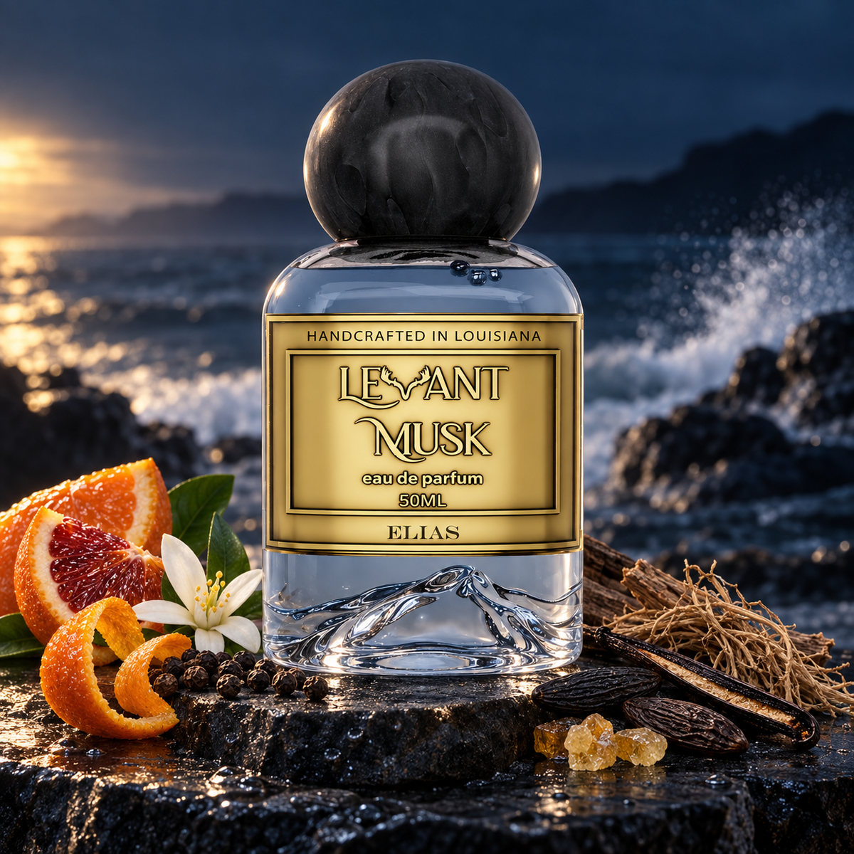 Levant Musk Elias perfume bottle styled with notes of orange, pepper, and tonka bean.
