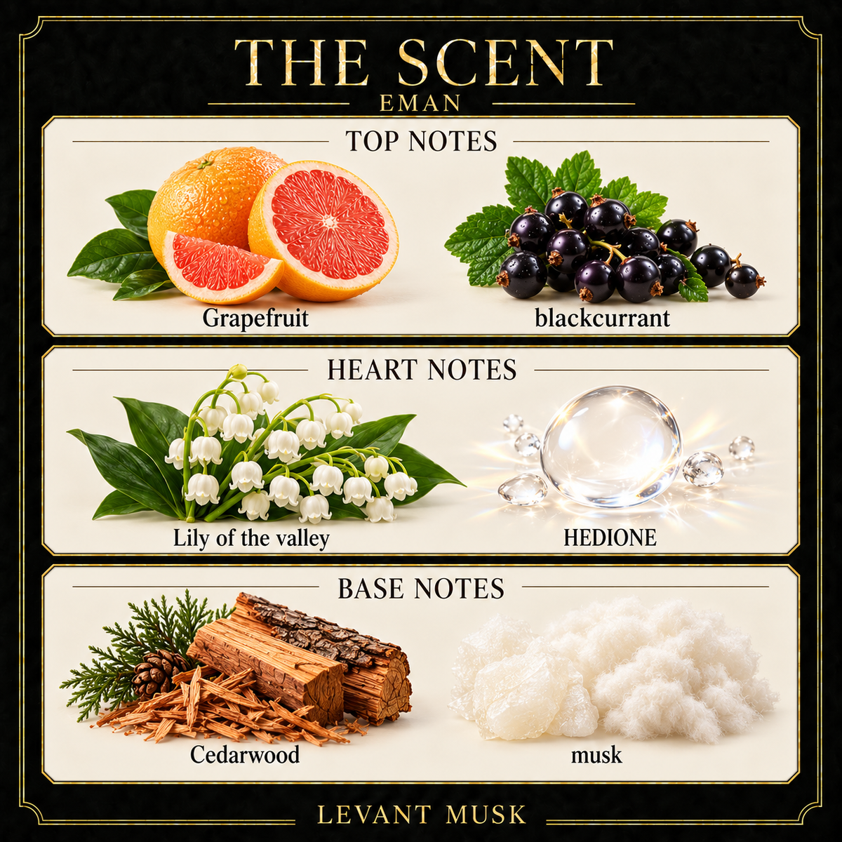 EMAN by Levant Musk black gold cream note card