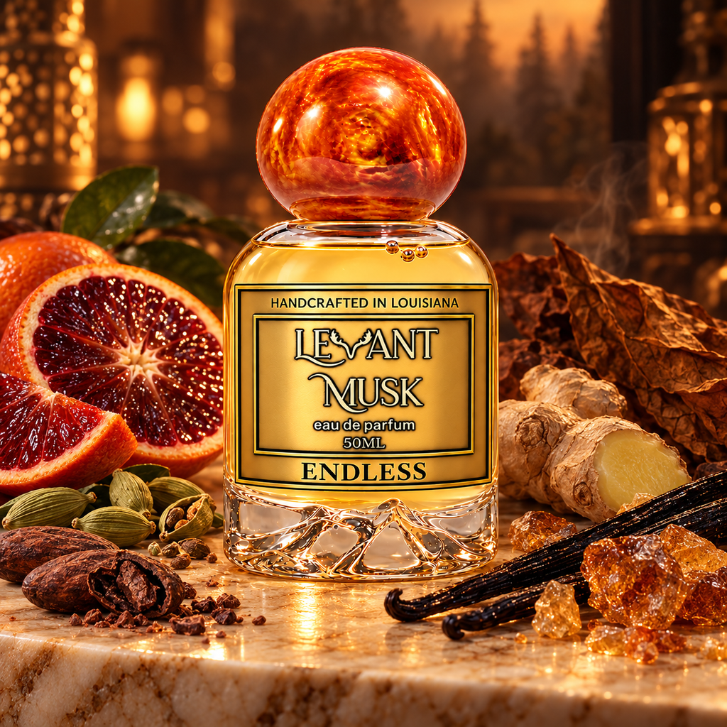 ENDLESS 50 mL eau de parfum with orange cap in an atmospheric ingredient scene