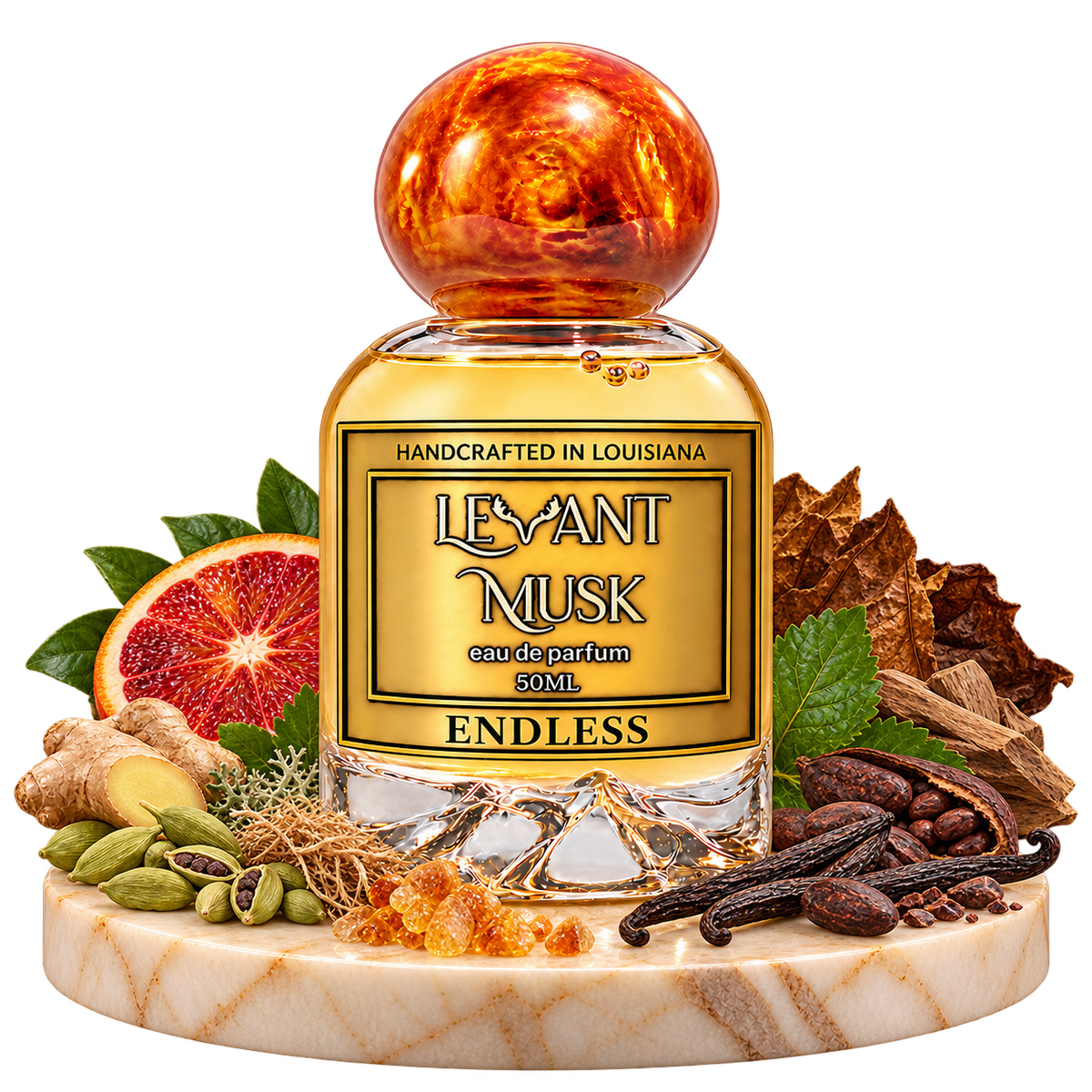 ENDLESS 50 mL orange-capped bottle with fragrance-note ingredients on a transparent background