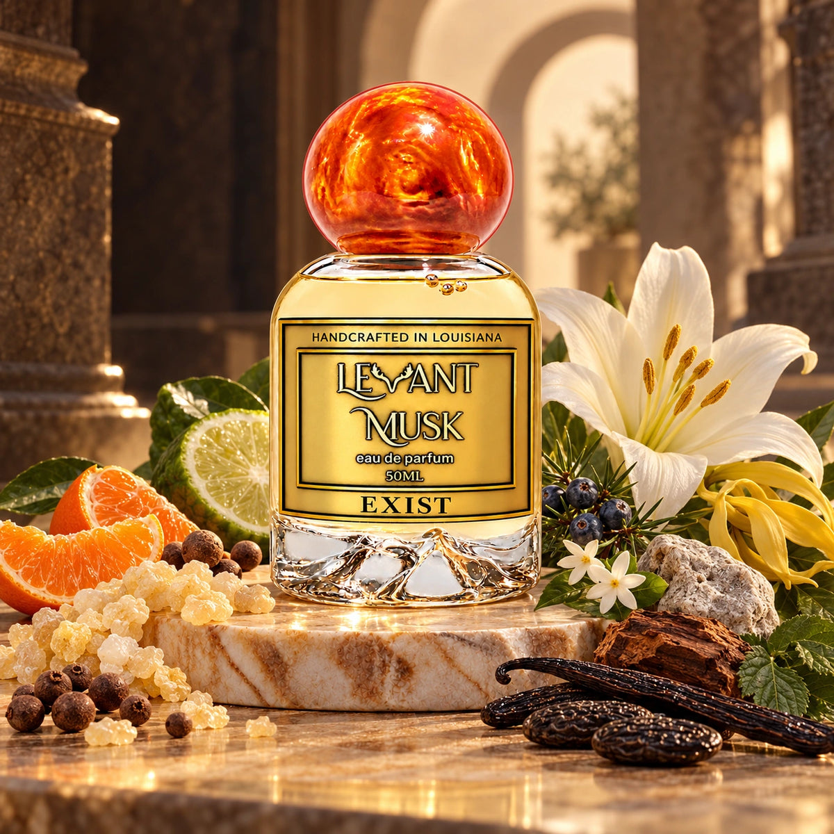 EXIST by Levant Musk, unisex 50 mL Eau de Parfum with an orange-gold marbled cap, on marble among its fragrance notes in warm architectural light.