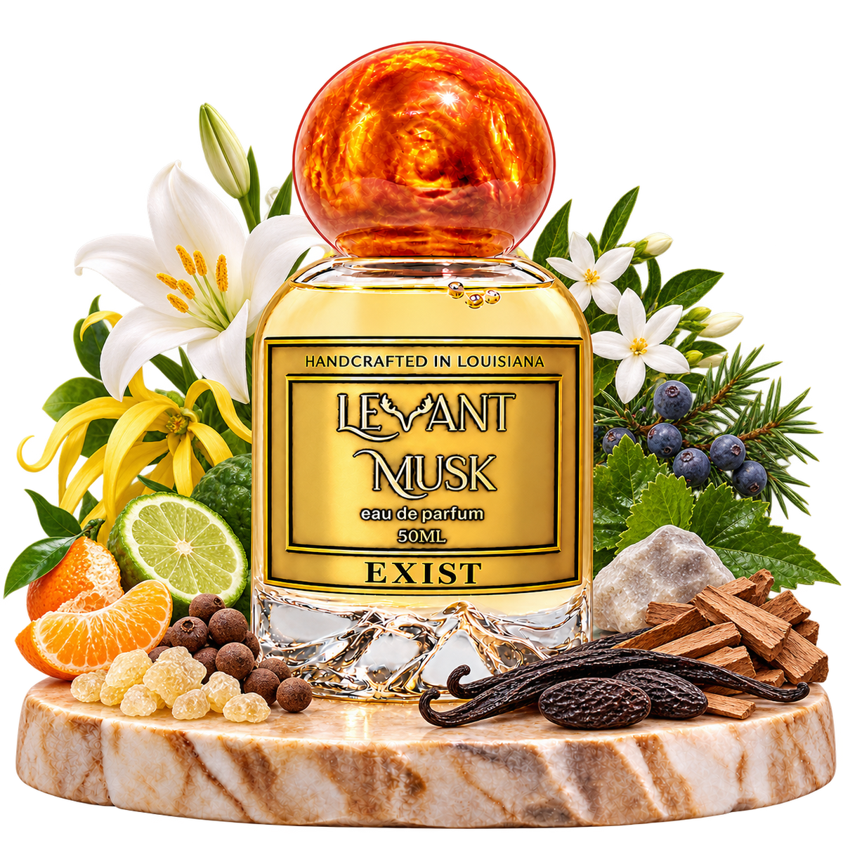 EXIST Levant Musk bottle on marble with Frankincense, Mandarin, Pimento Berry, Bergamot, Lily, Ylang-Ylang, Juniper, Jasmine, Ambergris, Guaiacwood, Patchouli, Vanilla and Tonka Bean; transparent background.