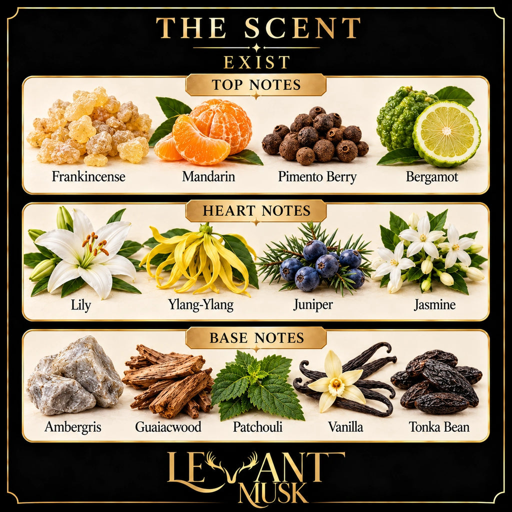 EXIST scent notes. Top: Frankincense, Mandarin, Pimento Berry, Bergamot. Heart: Lily, Ylang-Ylang, Juniper, Jasmine. Base: Ambergris, Guaiacwood, Patchouli, Vanilla, Tonka Bean.