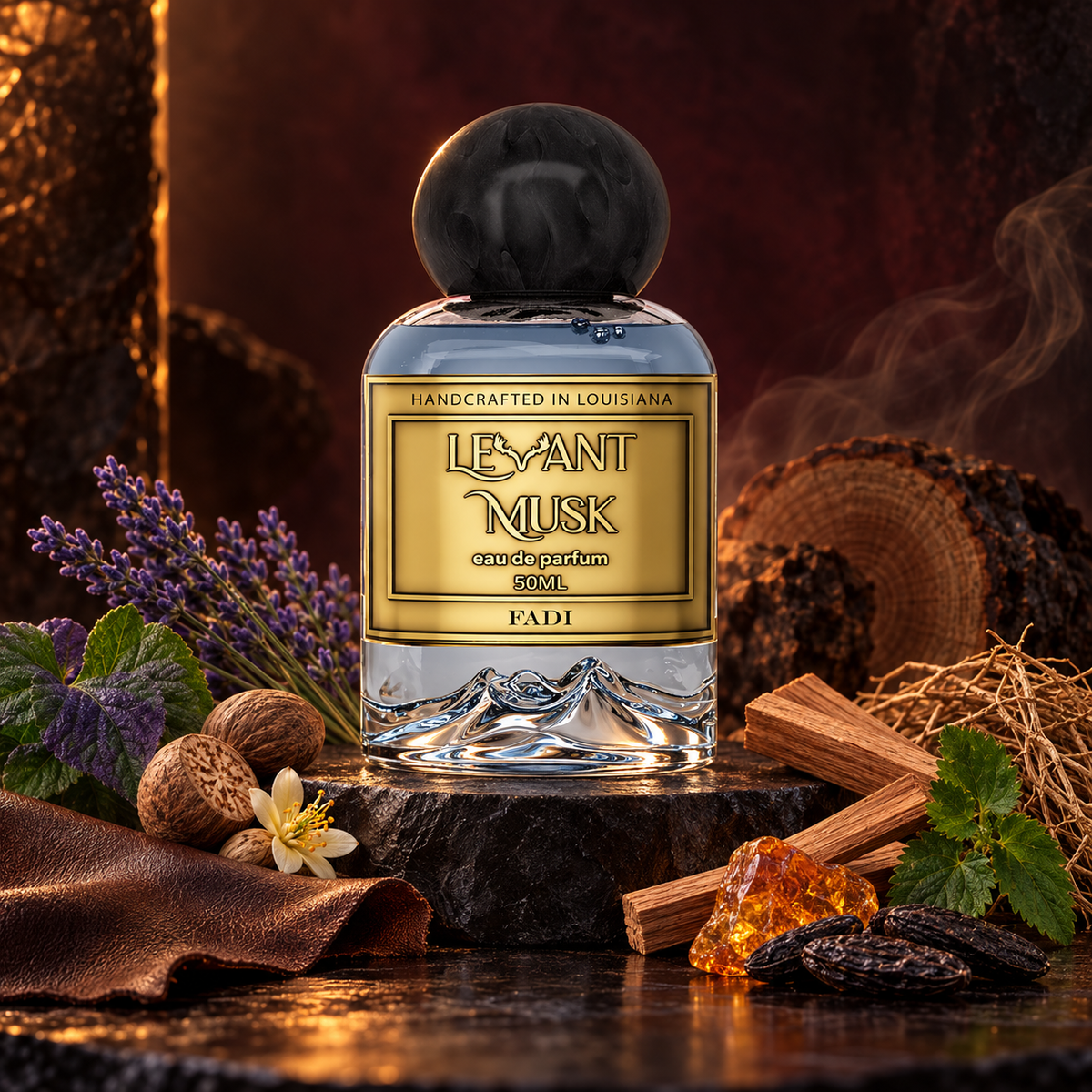 Levant Musk Fadi perfume bottle styled with notes of nutmeg flower, violet leaf, and leather.
