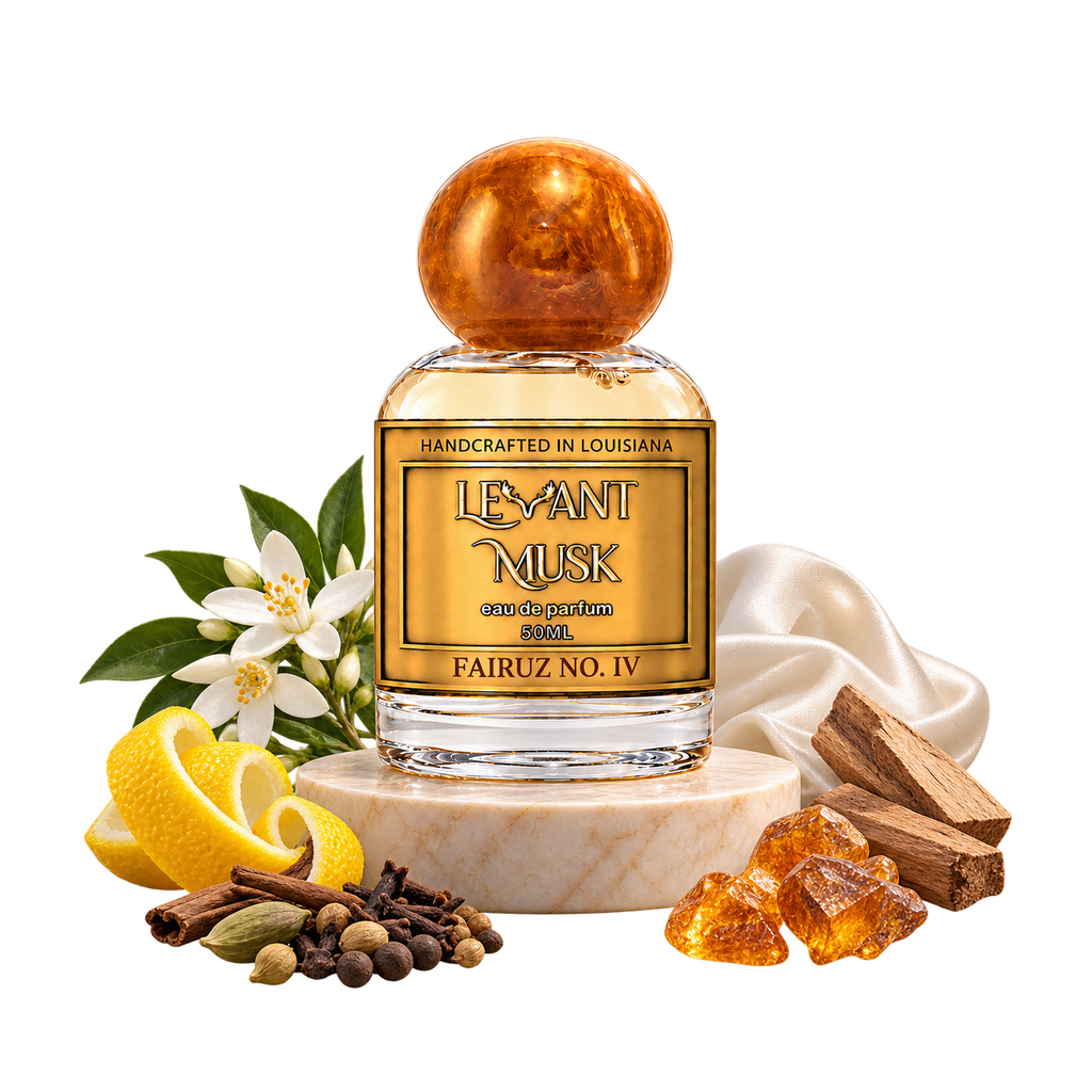 FAIRUZ NO. IV bottle with lemon zest, bitter orange blossom, aromatic spices, musk, amber and woody notes on transparent background