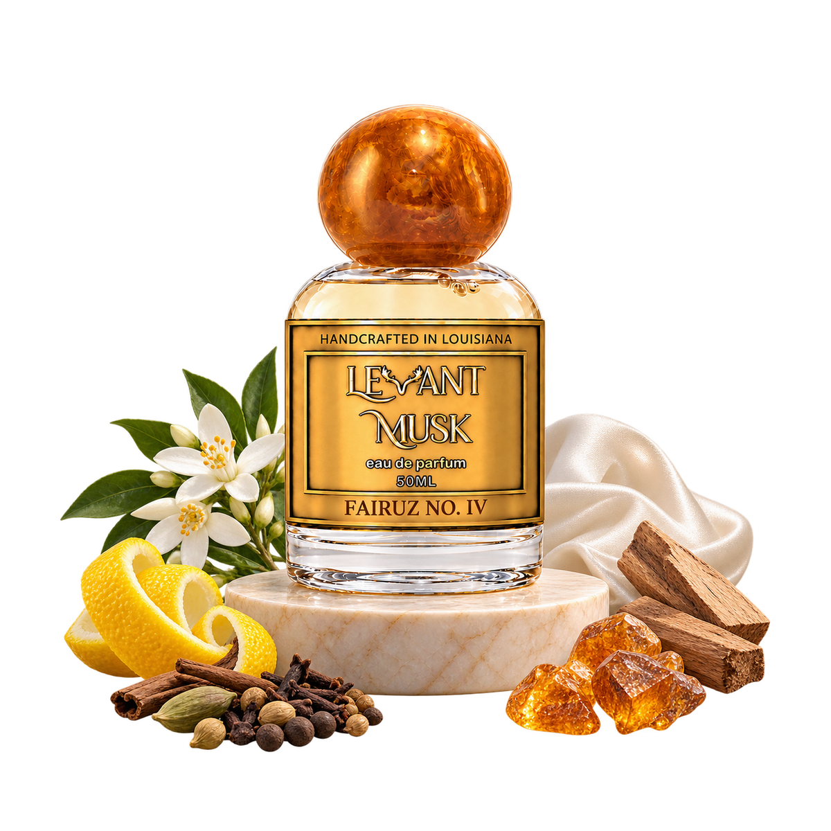 FAIRUZ NO. IV bottle with lemon zest, bitter orange blossom, aromatic spices, musk, amber and woody notes on transparent background