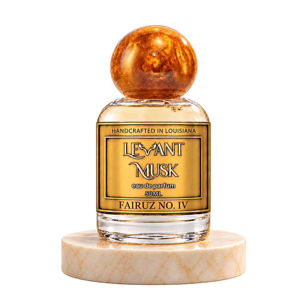 FAIRUZ NO. IV 50 mL Levant Musk bottle with orange-gold cap on marble and transparent outer background