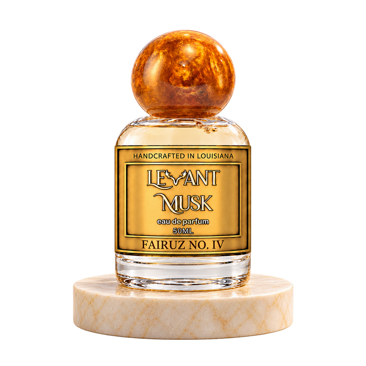 FAIRUZ NO. IV 50 mL Levant Musk bottle with orange-gold cap on marble and transparent outer background