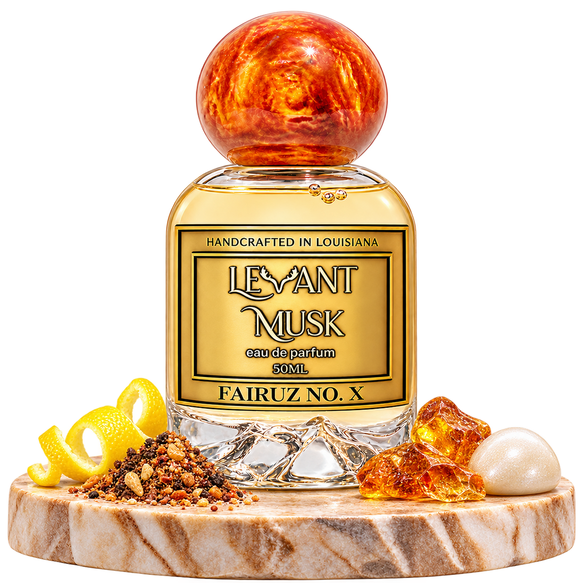 FAIRUZ NO. X bottle with lemon zest, aromatic spices, amber and musk scent-accord visuals, transparent background